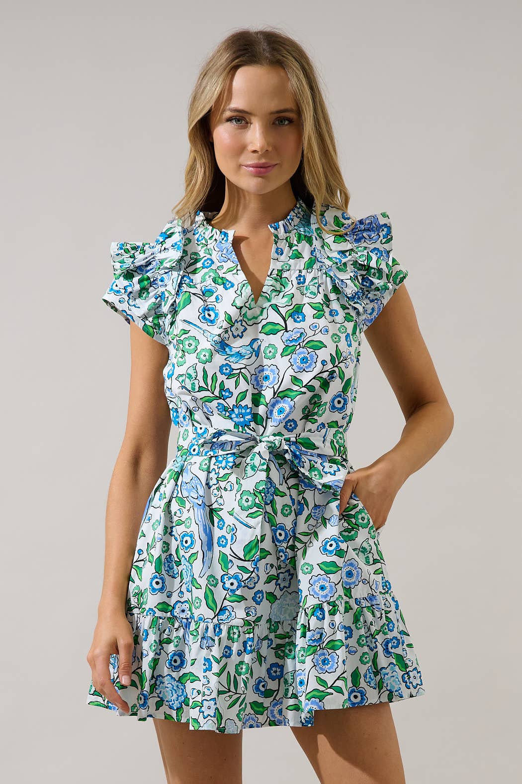 Ivona Ruffle Mini Dress Gianne Floral WHITE-BLUE-MUL / XL
