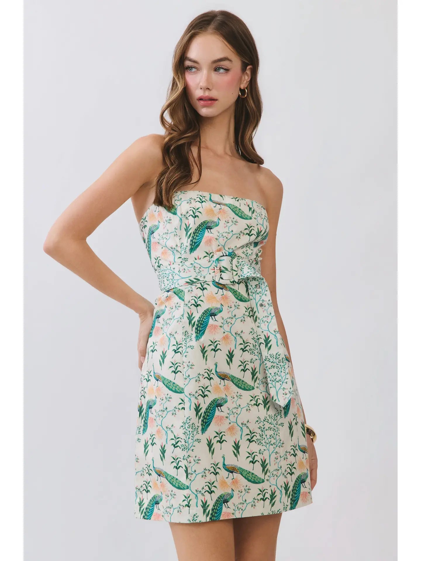 The Strapless Peacock Botanical Print Mini Dress with Belt | Structured Bodice