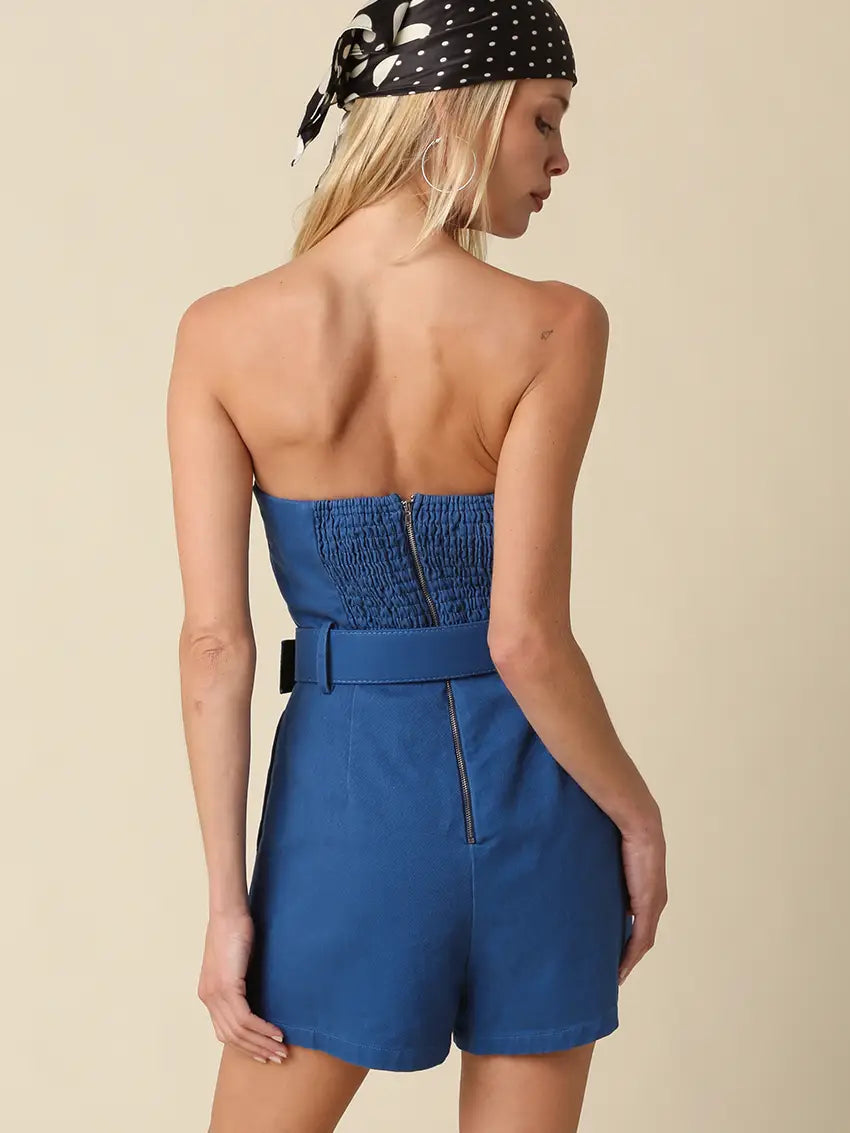 The Lola Strapless Belted Romper – Woven Waist-Defining Fit