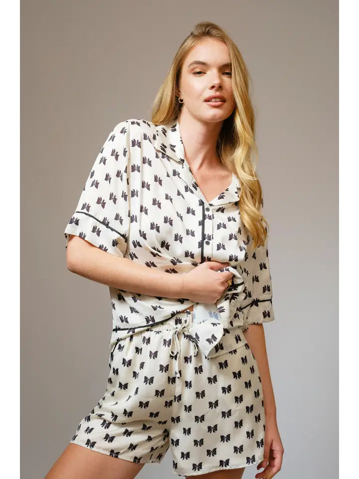 Satin Bow Print PJs Set