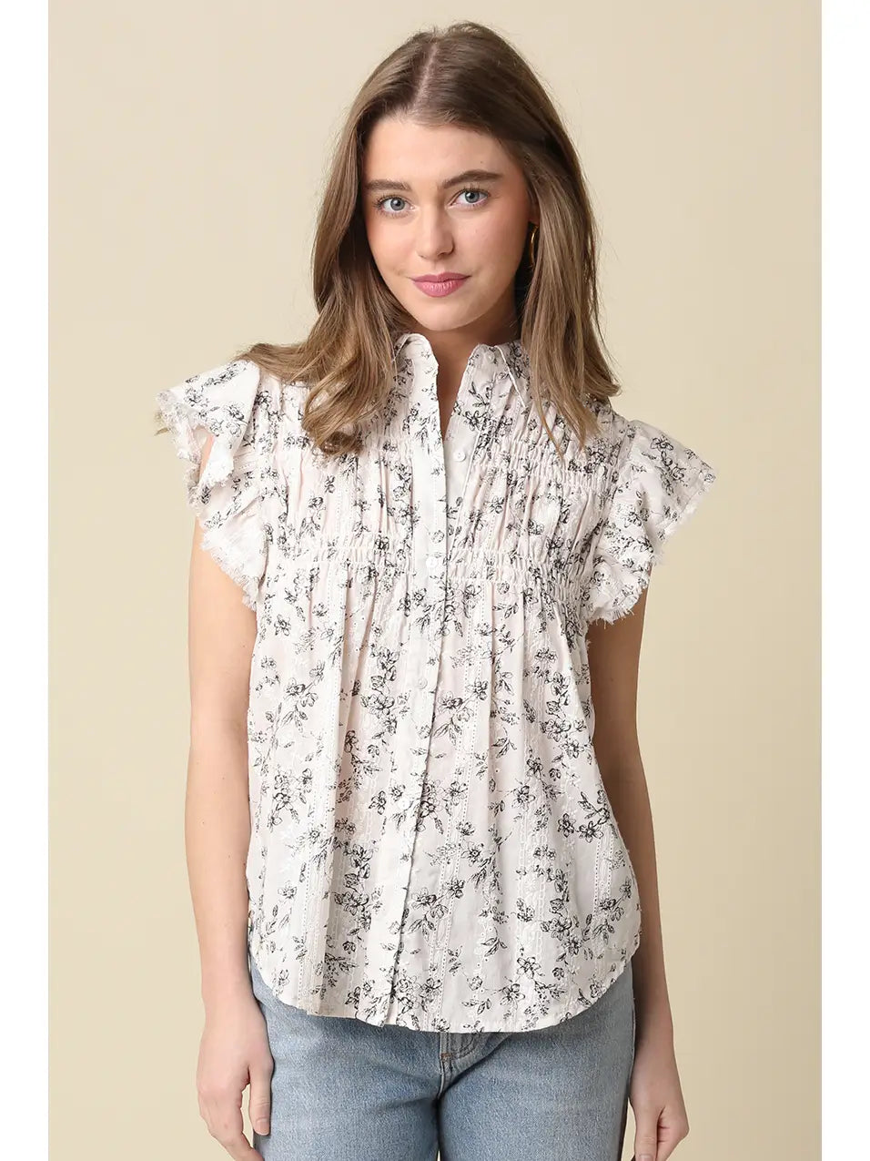The Evie Floral Ruffle Sleeve Blouse | Button Down Collared Top