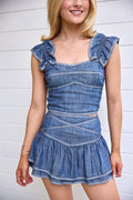 The Washed Tencel Tiered Skirt with Cotton Trim