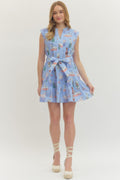 The Lila Printed Split Neck Tie Waist Mini Dress