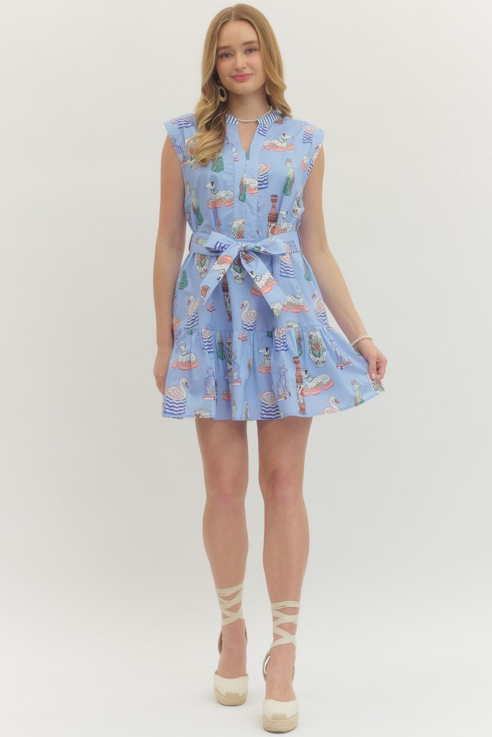 The Lila Printed Split Neck Tie Waist Mini Dress