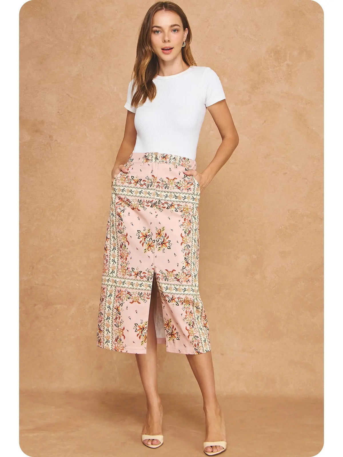 The Botanical Print Front-Slit A-Line Midi Skirt