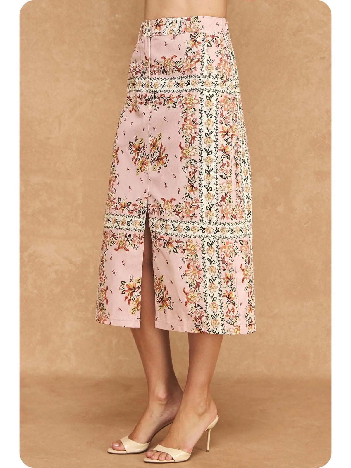 The Botanical Print Front-Slit A-Line Midi Skirt
