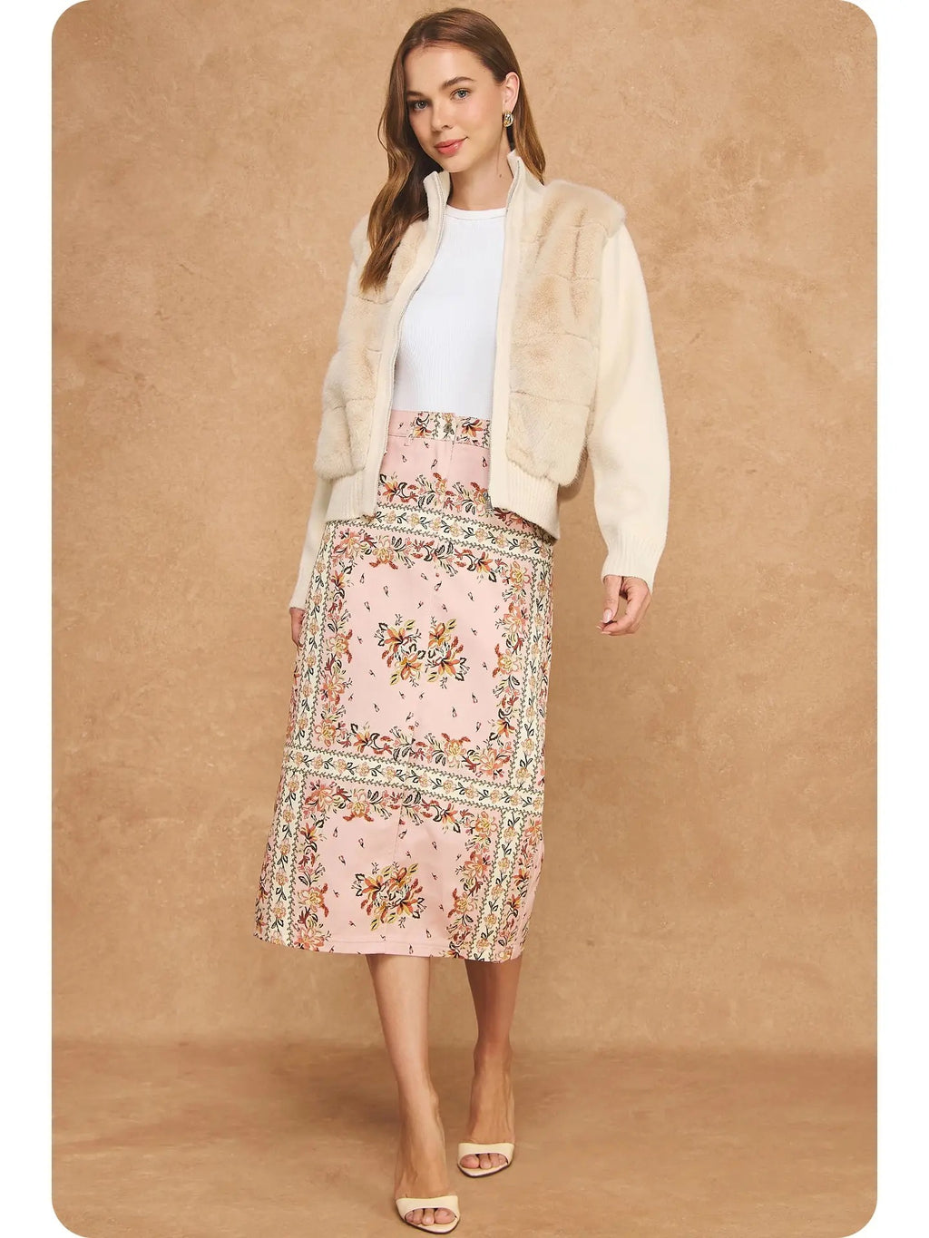 The Botanical Print Front-Slit A-Line Midi Skirt