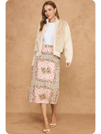 The Botanical Print Front-Slit A-Line Midi Skirt