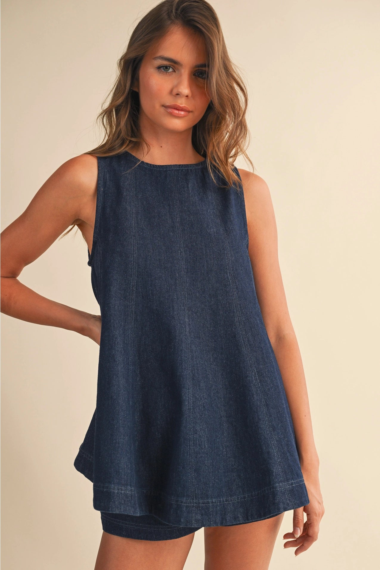 The Denim Longline Sleeveless Top & Shorts Set — Casual Matching Two-Piece