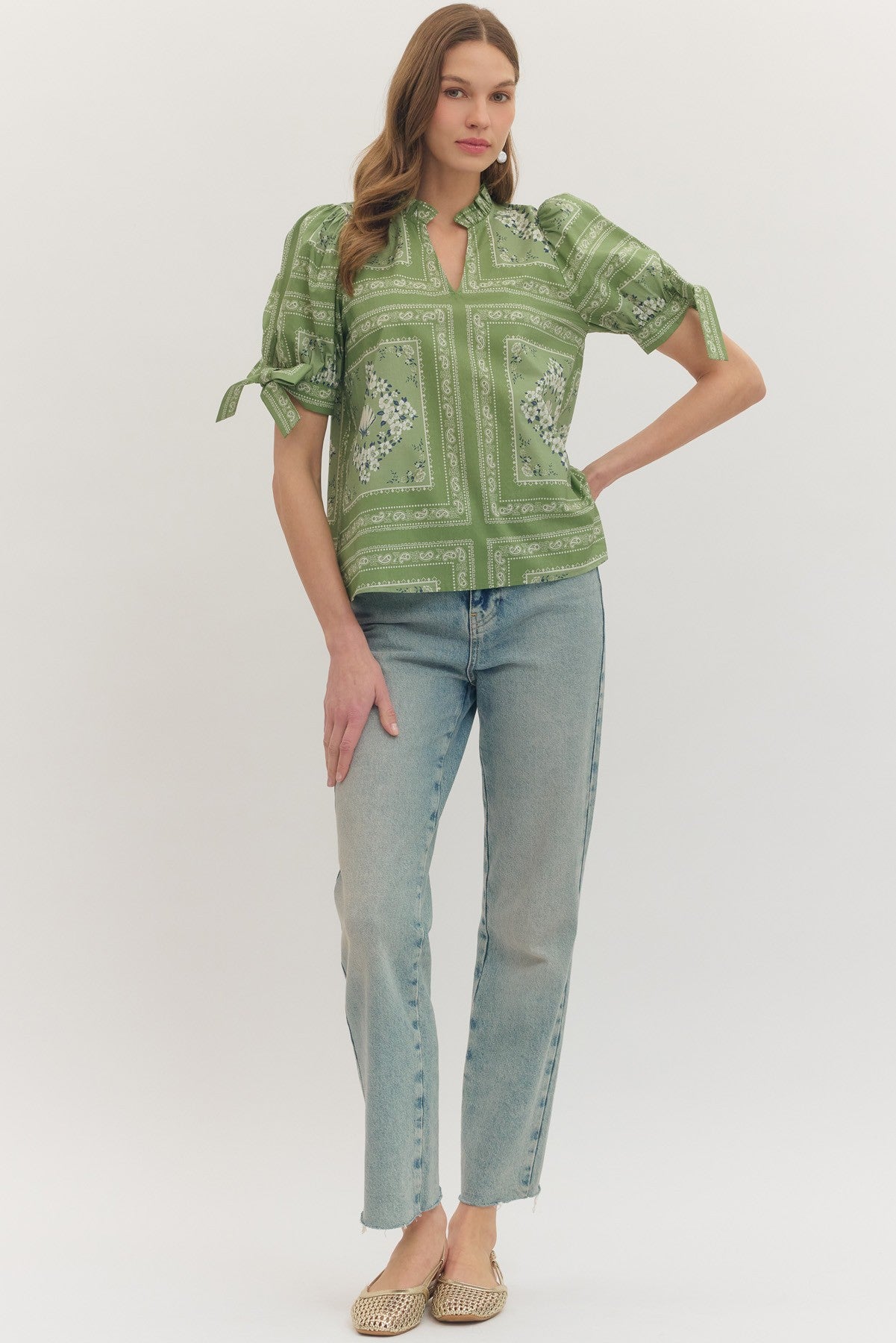 Willow Ruffle Puff Top — V-Neck & Tie-Sleeve Detail