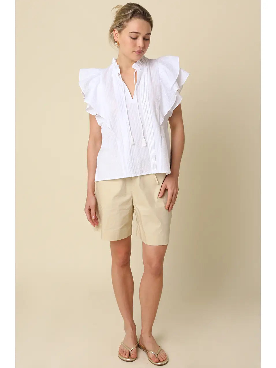 The Amelie Pintuck Ruffle Sleeve Blouse | Feminine Cotton Top with Keyhole Tie