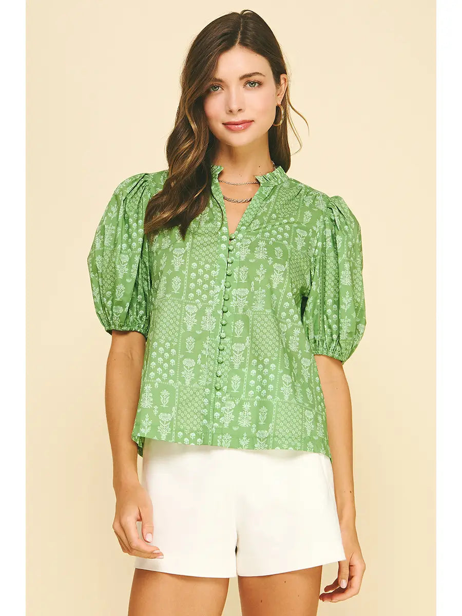The Ruffled V-Neck Top — Balloon Sleeves with Shirring Detail