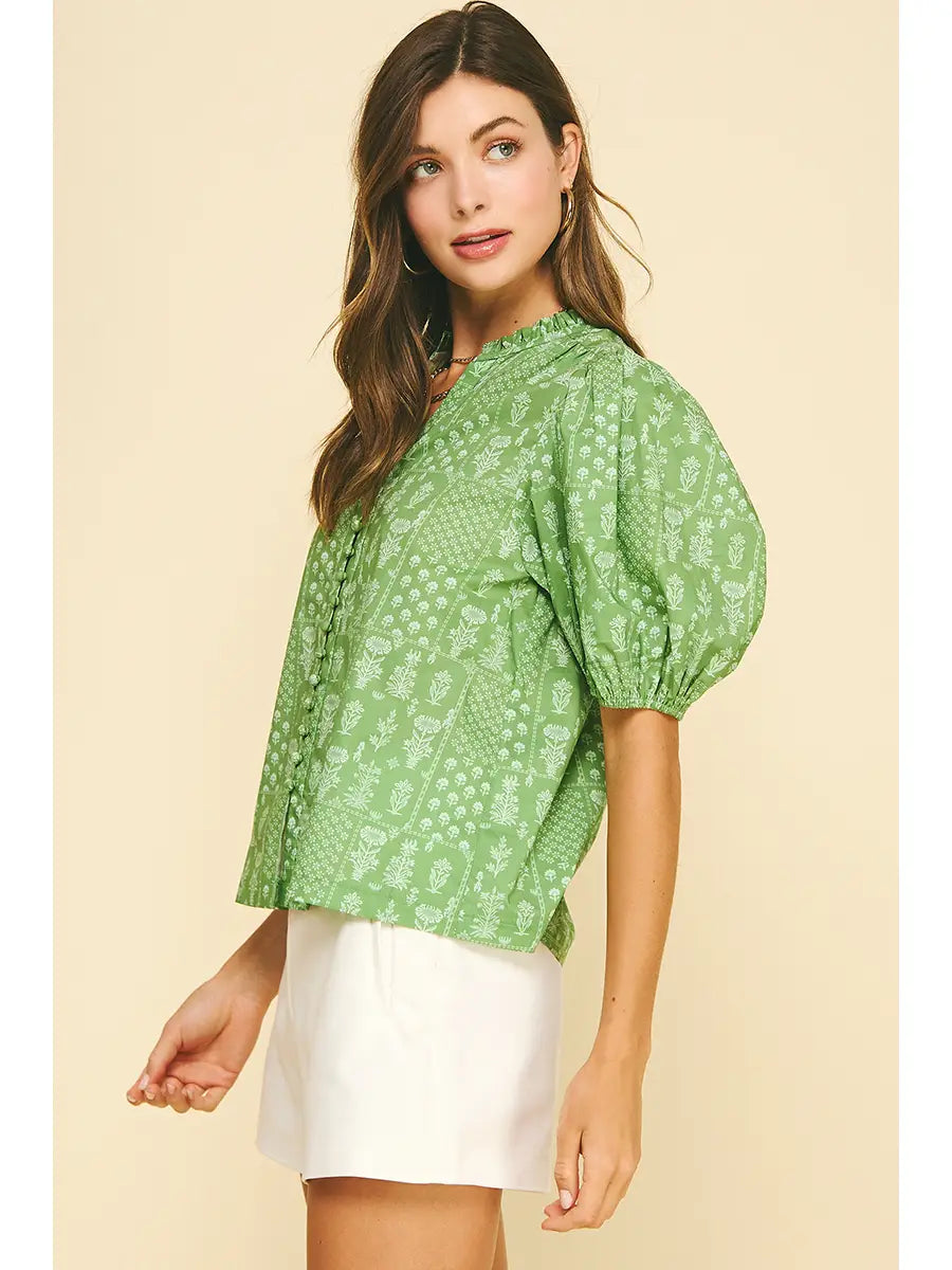 The Ruffled V-Neck Top — Balloon Sleeves with Shirring Detail