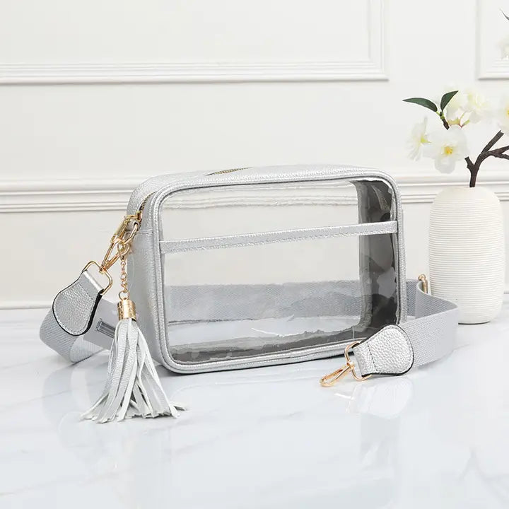 Solid Color Outlined Clear Crossbody Bag Silver