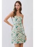 The Strapless Peacock Botanical Print Mini Dress with Belt | Structured Bodice