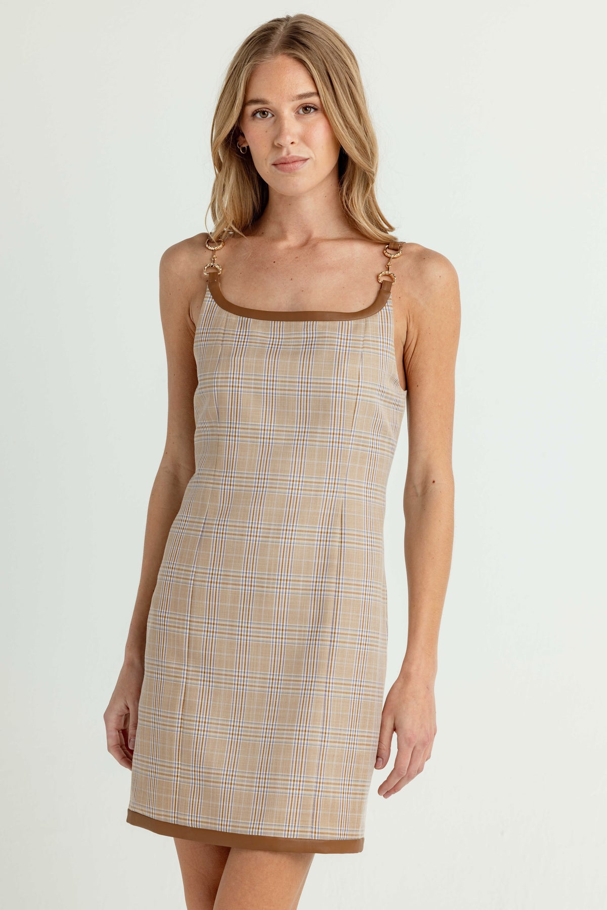 The Heather Plaid Tank Dress with Leather Trim