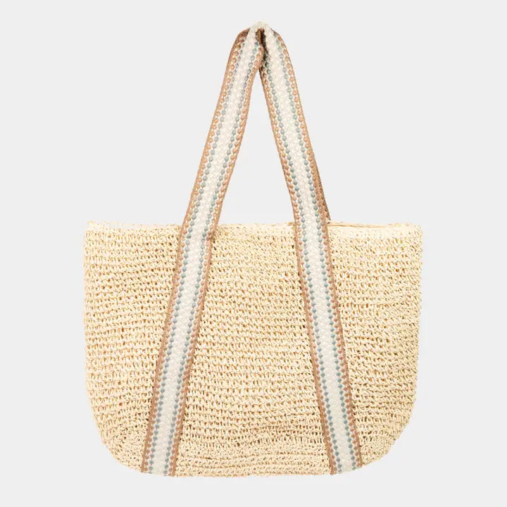 The Embroidered Straw Knit Tote — Embellished Strap, Beach Bag
