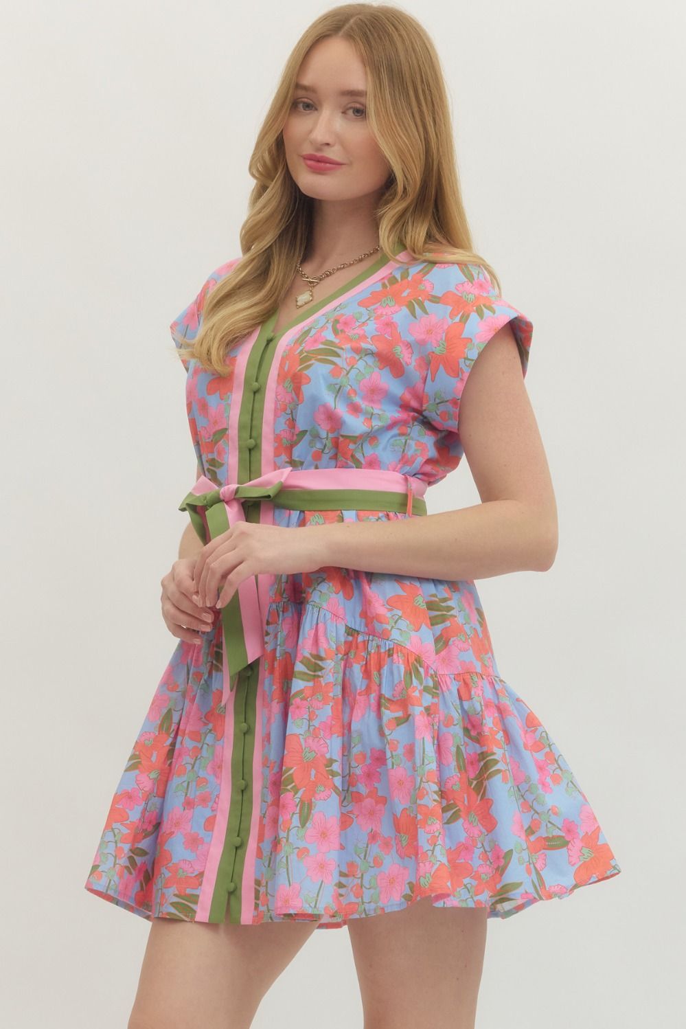 The Marigold Floral V‑Neck Mini Dress